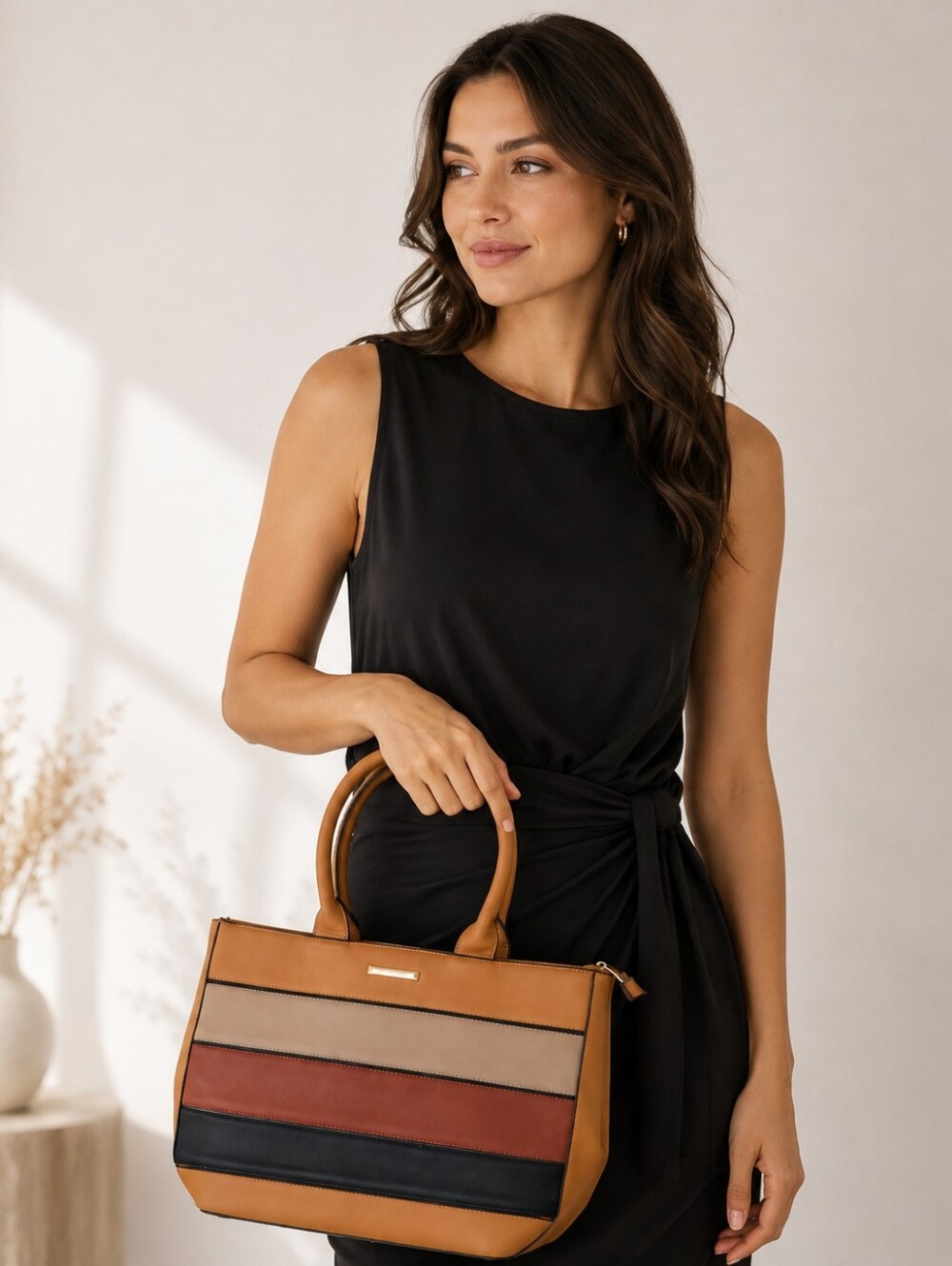 Giovana Retro Colorblock Tote Handbag Brown Rust Black Shoulder Bag